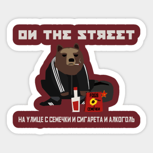 Smoking Gopnik slav bear wearing ushanka squat on the street with semechki and vodka Sticker